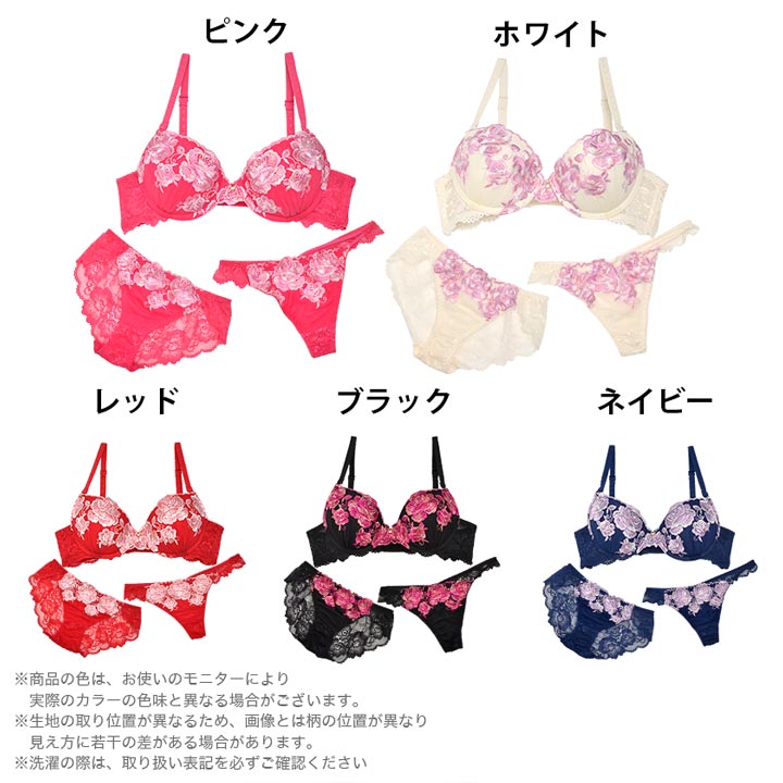 薔薇 刺繍 ブラジャー & バック透け フルバック & Tバックカラー写真01